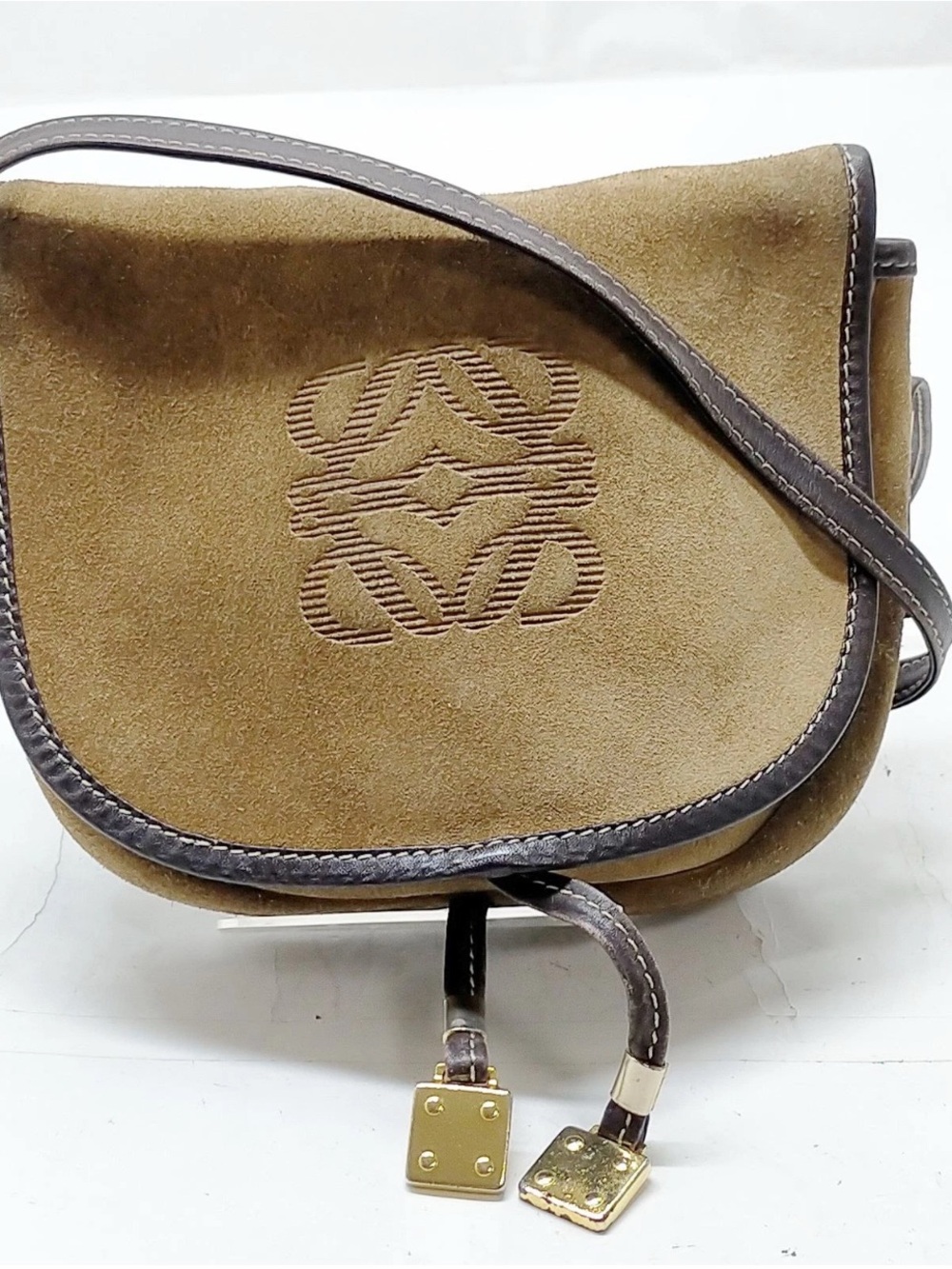 Loewe Tan Suede Anagram Crossbody with Dark Brown Trim
